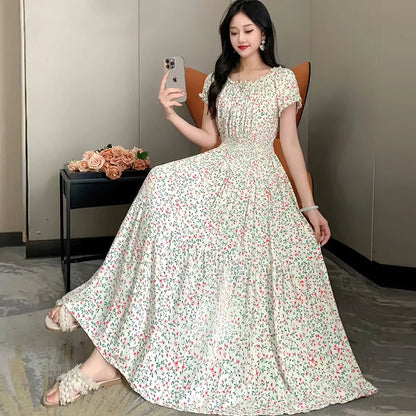 Bohemian Long Dress Summer Fashion One-Shoulder Floral Cotton Silk Elastic Waist Beach Skirt Vintage Ethnic Style Short Sleeve