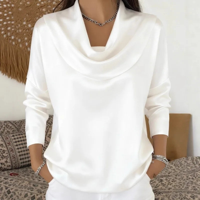 Women's Satin Swing Collar Shirt - Versatile Long Sleeve Blouse