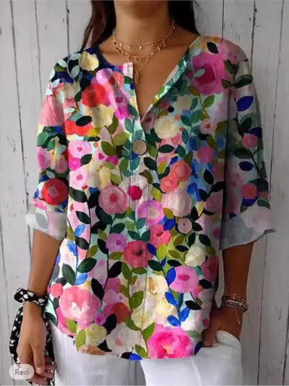 Women's Floral V-Neck Button Top - Casual Three Quarter Sleeve Blouse