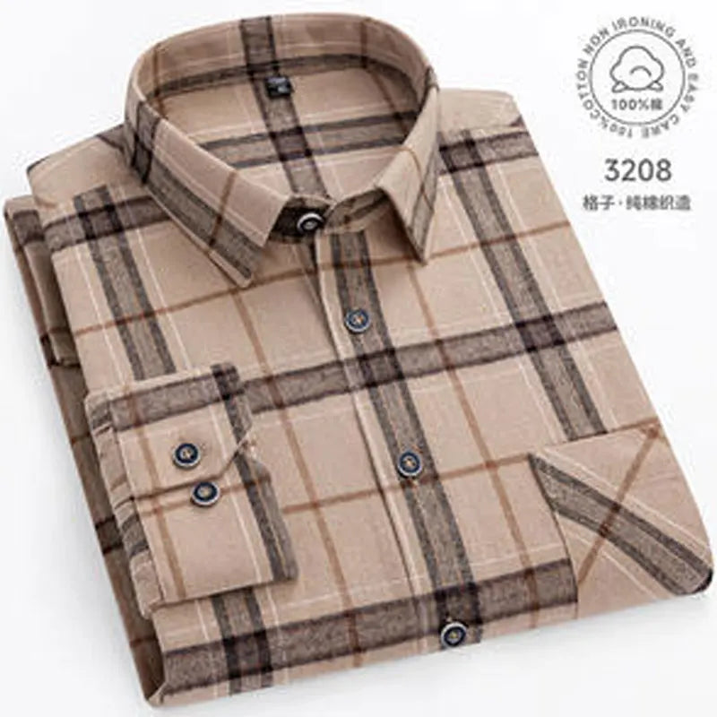Men 100% Cotton Long Sleeve Plaid Shirt - Plus Size