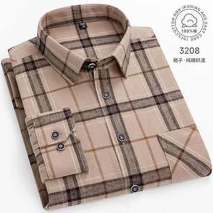 Men 100% Cotton Long Sleeve Plaid Shirt - Plus Size