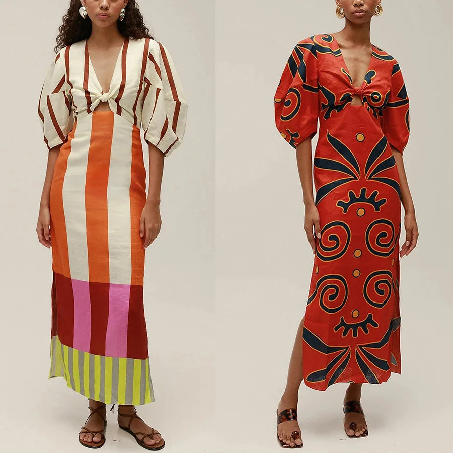 Women's Linen V-Neck Maxi Dress - Printed High Waist Party Dress