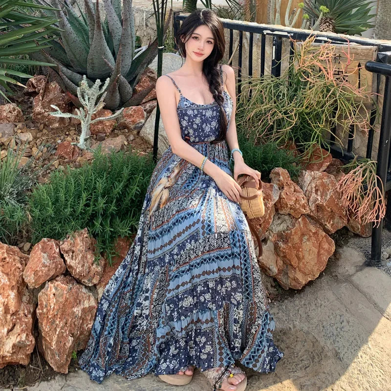 Women's Bohemian Embroidered Tank Dress - Ethnic Summer Maxi Dress