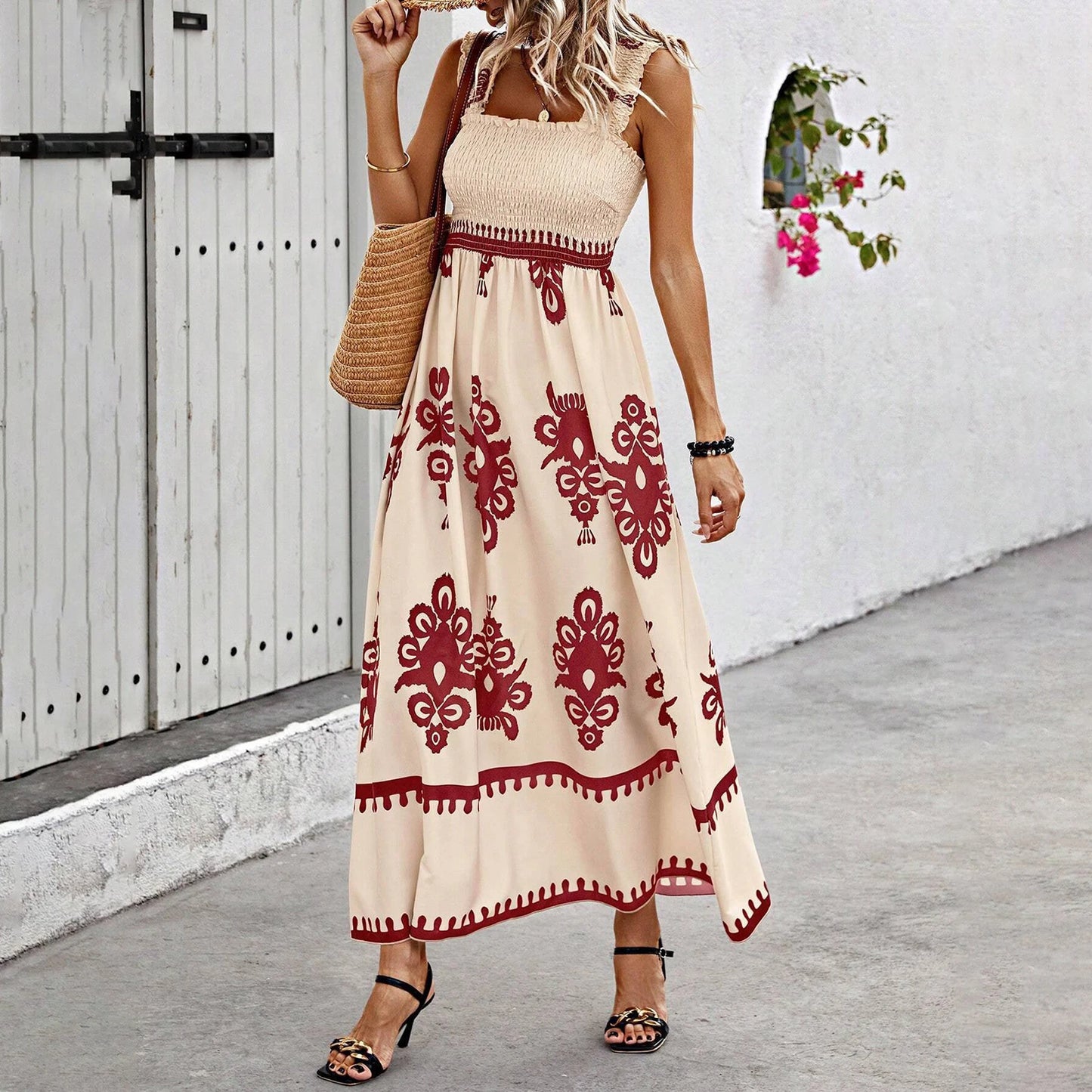 Women's Ethnic Print Sling Maxi Dress - Tropical Sleeveless Summer Dress