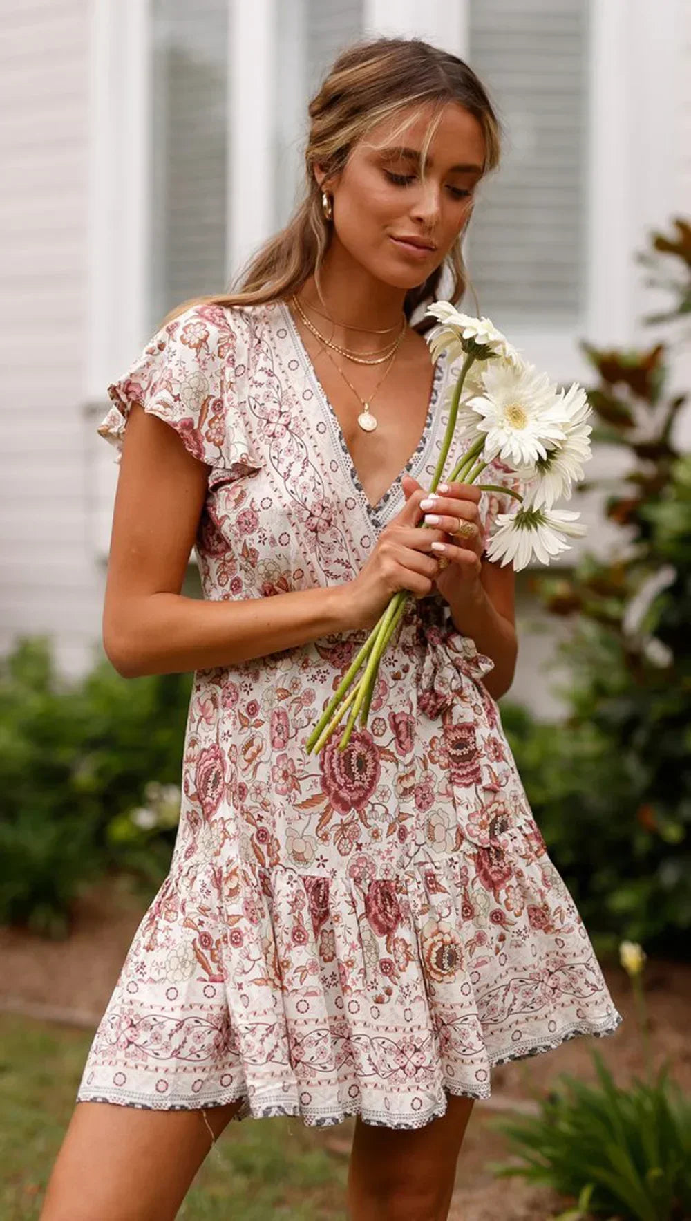Women's Floral V-Neck Mini Dress - Short Sleeve Wrap Boho Sundress