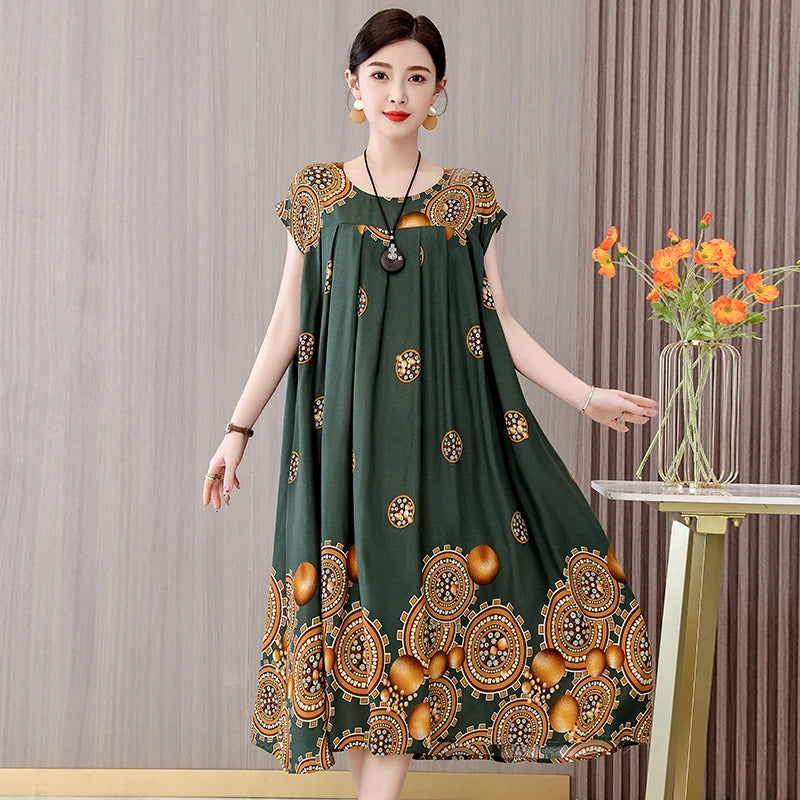 Women's Plus Size Summer Dress - Loose O-Neck Cotton Print Dress