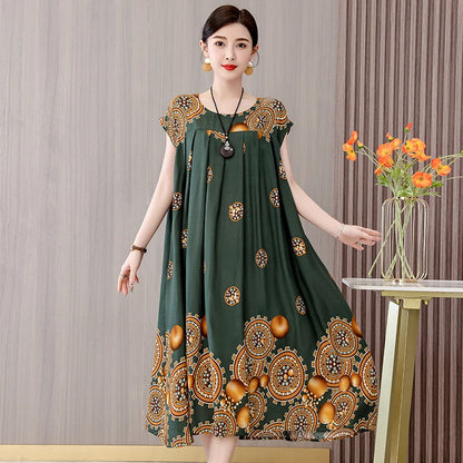 Women's Plus Size Summer Dress - Loose O-Neck Cotton Print Dress