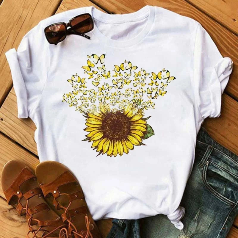 Women's Sunflower & Dragonfly Print T-Shirt - Oversized Summer Top