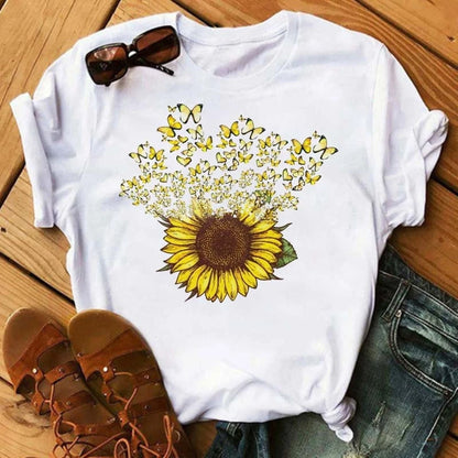 Women's Sunflower & Dragonfly Print T-Shirt - Oversized Summer Top