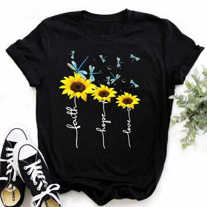 Women's Sunflower & Dragonfly Print T-Shirt - Oversized Summer Top