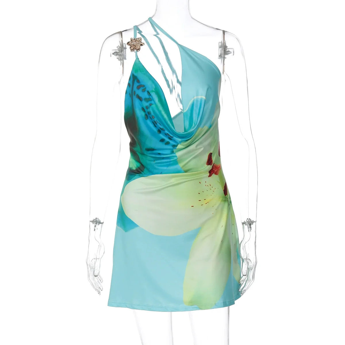 Women's One-Shoulder Printed Mini Dress - Beach Vacation High Waist Dress