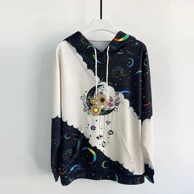 Women's Moon Print Drawstring Hoodie - Casual Long Sleeve Sweatshirt