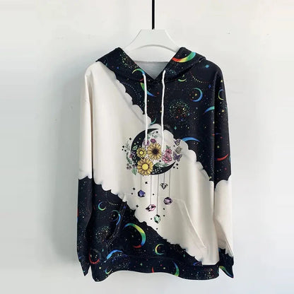 Women's Moon Print Drawstring Hoodie - Casual Long Sleeve Sweatshirt