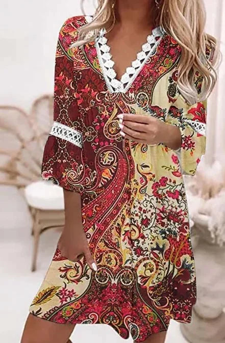 Canwedance New Boho Dress V Neck Printing Lace Midi Dress Floral Romantic Loose Fit Vestidos Hollow Out Chic Vacation Dress