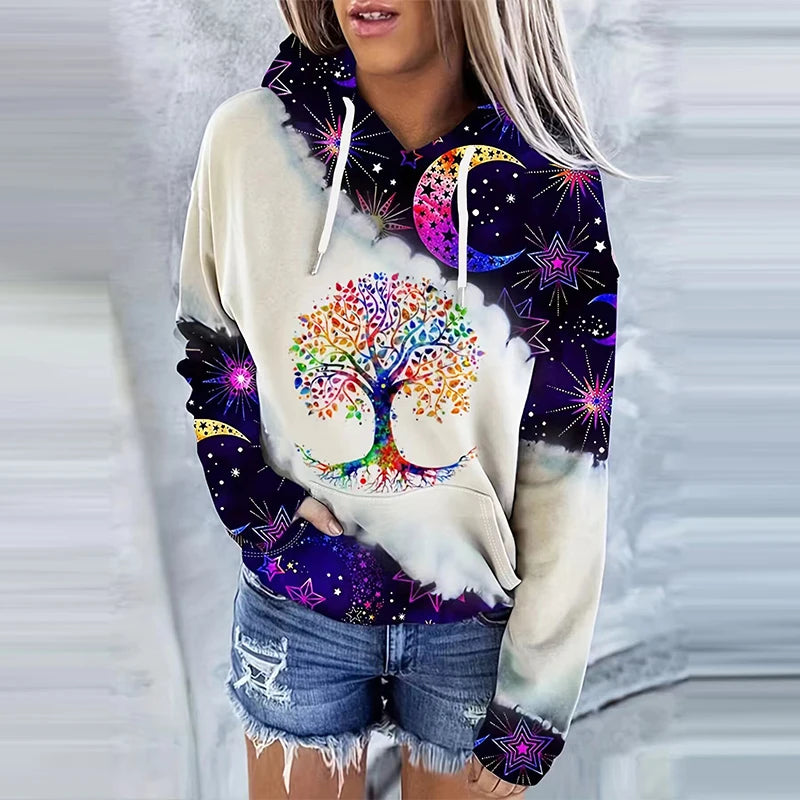 Women's Moon Print Drawstring Hoodie - Casual Long Sleeve Sweatshirt
