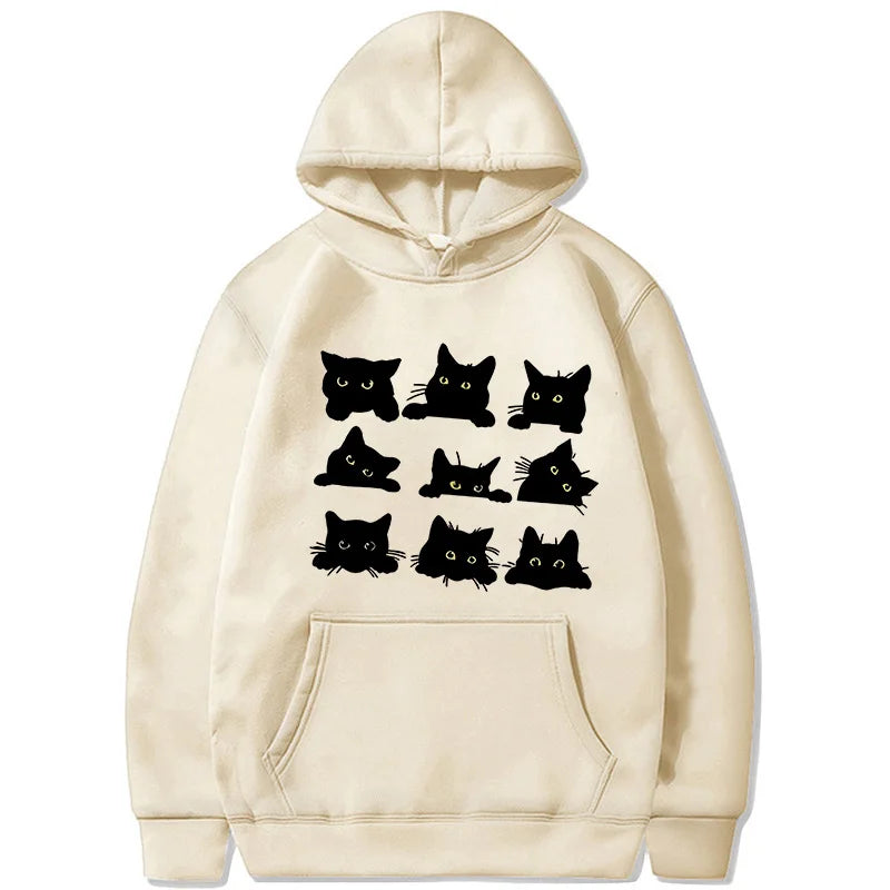 Women's Cute Black Kitty Hoodie - Kawaii Cat Print Sweatshirt
