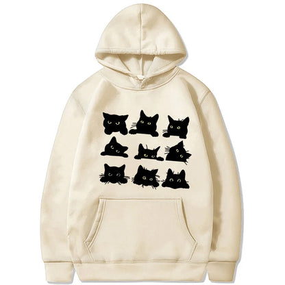 Women's Cute Black Kitty Hoodie - Kawaii Cat Print Sweatshirt