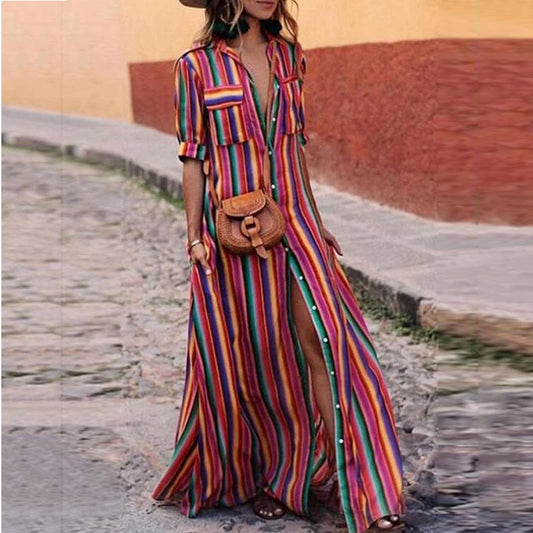 Women's Striped Maxi Dress - Bohemian Button-Front Beach Dress