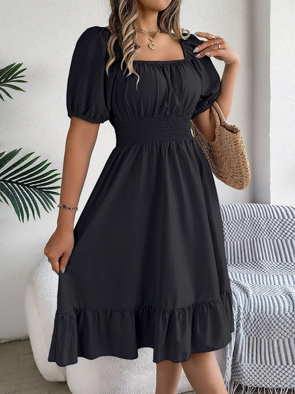 Women's Square Neck Maxi Dress - High Waist Ruffled Short Sleeve Dress