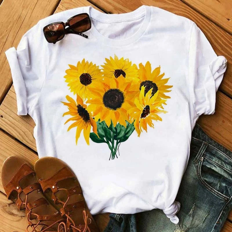 Women's Sunflower & Dragonfly Print T-Shirt - Oversized Summer Top