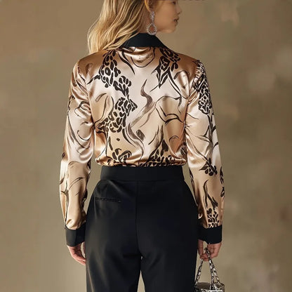 Women's Satin Leopard Print Shirt - Long Sleeve Office Blouse