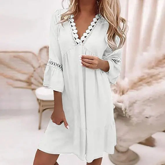 Canwedance New Boho Dress V Neck Printing Lace Midi Dress Floral Romantic Loose Fit Vestidos Hollow Out Chic Vacation Dress