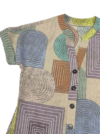 Women's Elegant V-Neck Button-Up  Dress Summer Geometric Print Comfortable Fashionable