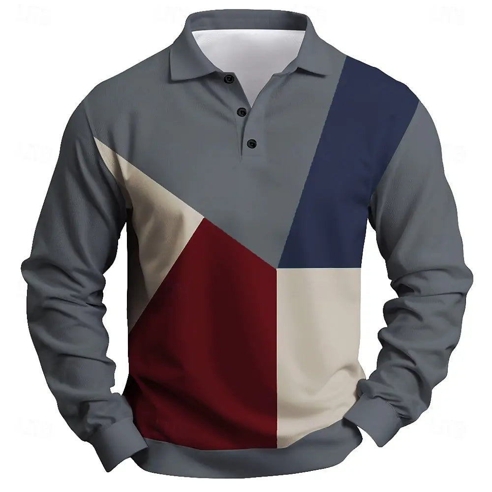 Men Color Block Long Sleeve Polo Shirt