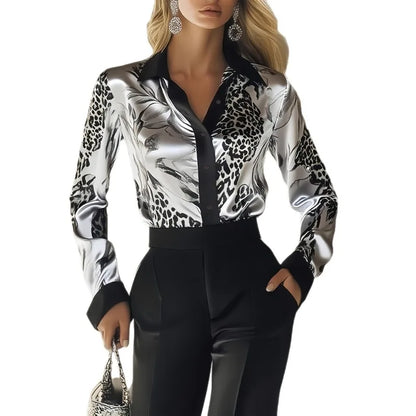 Women's Satin Leopard Print Shirt - Long Sleeve Office Blouse