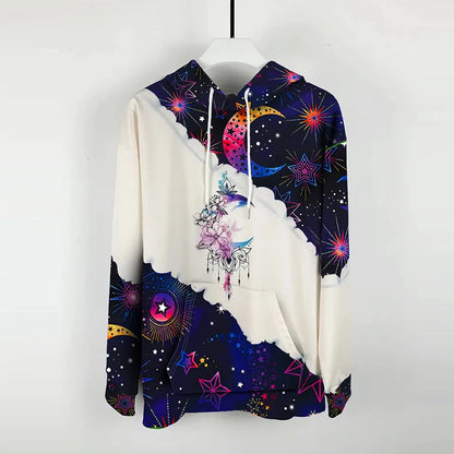 Women's Moon Print Drawstring Hoodie - Casual Long Sleeve Sweatshirt