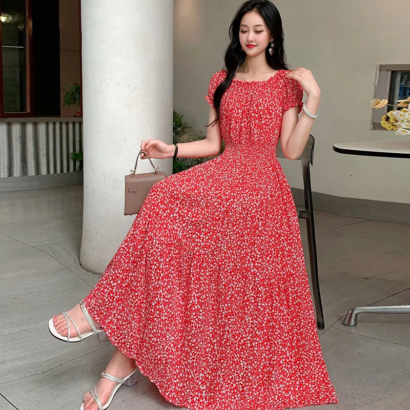 Bohemian Long Dress Summer Fashion One-Shoulder Floral Cotton Silk Elastic Waist Beach Skirt Vintage Ethnic Style Short Sleeve