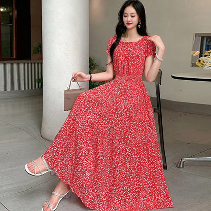 Bohemian Long Dress Summer Fashion One-Shoulder Floral Cotton Silk Elastic Waist Beach Skirt Vintage Ethnic Style Short Sleeve