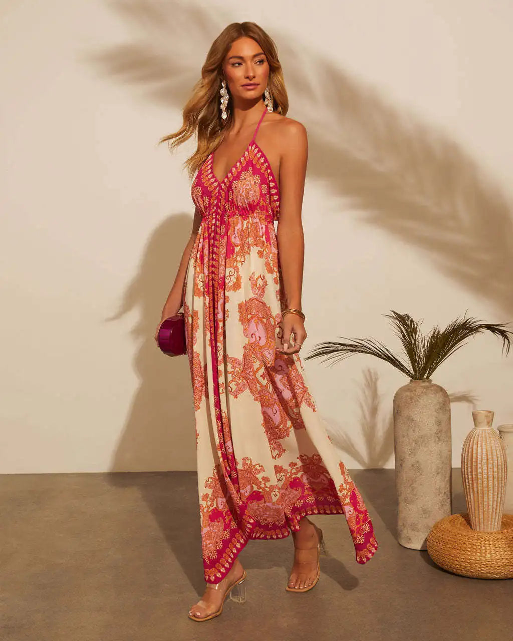 Women's Halter Backless Maxi Dress - Printed Bohemian Beach Dress