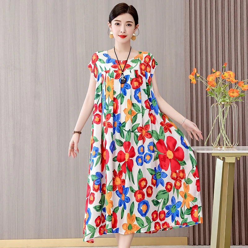 Women's Plus Size Summer Dress - Loose O-Neck Cotton Print Dress