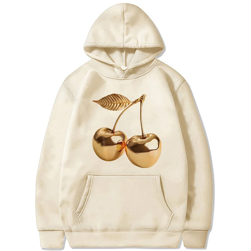Women's Golden Cherry Print Hoodie - Vintage 90s Sweatshirt