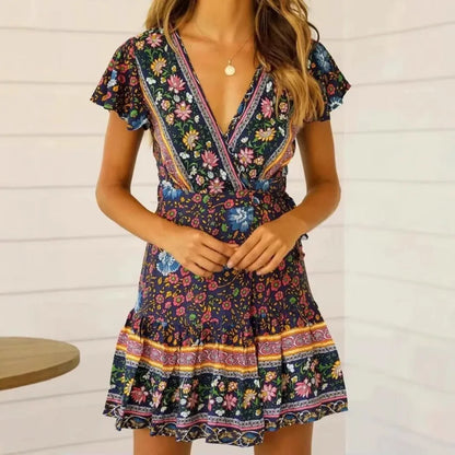 Women's Floral V-Neck Mini Dress - Short Sleeve Wrap Boho Sundress