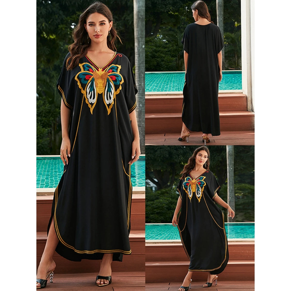 Women's Embroidered Floral Beach Dress - Loose Cotton Summer Gown