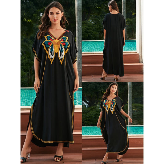 Women's Embroidered Floral Beach Dress - Loose Cotton Summer Gown