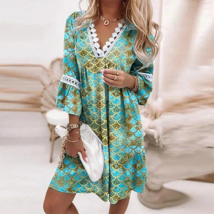 Canwedance New Boho Dress V Neck Printing Lace Midi Dress Floral Romantic Loose Fit Vestidos Hollow Out Chic Vacation Dress