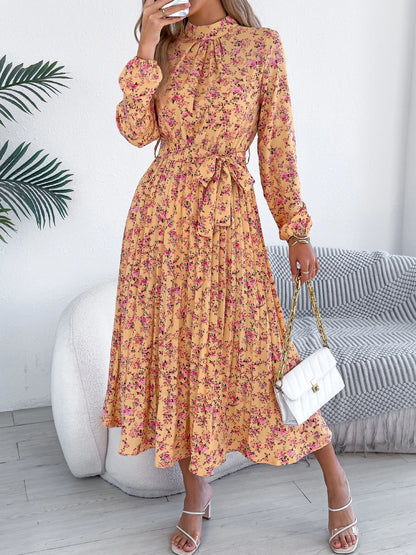 Women's Floral Stand Collar Bridesmaid Dress - Long Sleeve Pleated Midi Dress