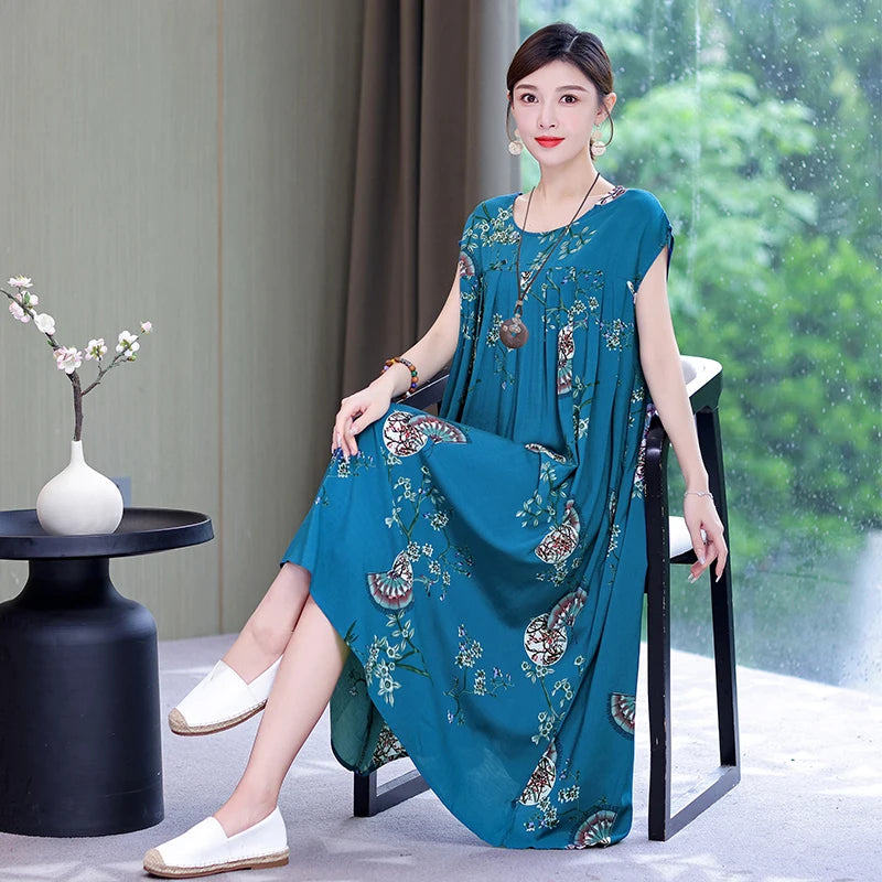 Women's Plus Size Summer Dress - Loose O-Neck Cotton Print Dress