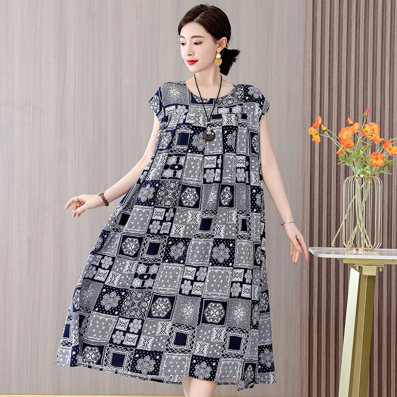 Women's Plus Size Summer Dress - Loose O-Neck Cotton Print Dress