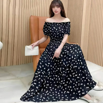 Bohemian Long Dress Summer Fashion One-Shoulder Floral Cotton Silk Elastic Waist Beach Skirt Vintage Ethnic Style Short Sleeve