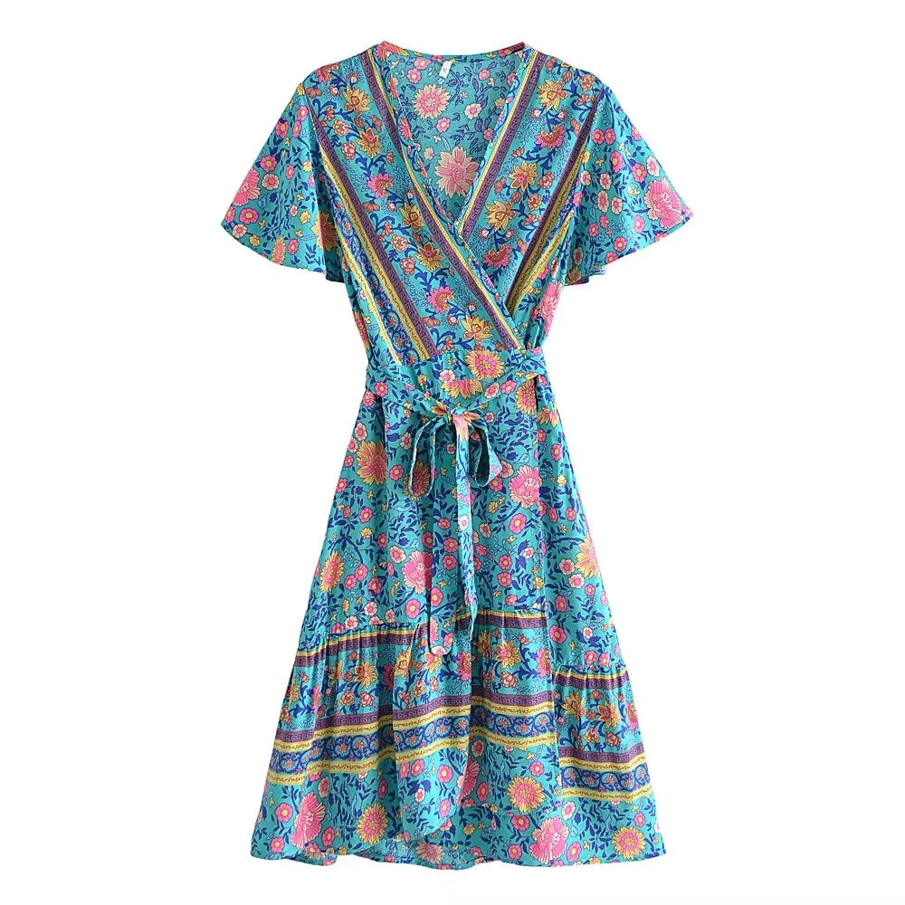 Women's Floral V-Neck Mini Dress - Short Sleeve Wrap Boho Sundress