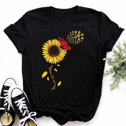 Women's Sunflower & Dragonfly Print T-Shirt - Oversized Summer Top
