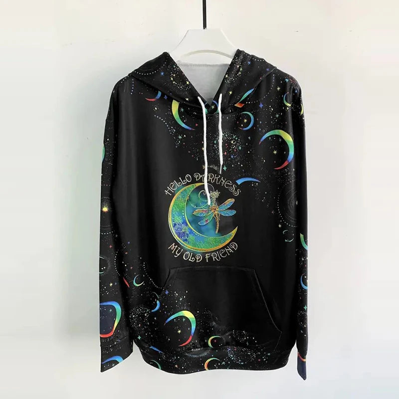 Women's Moon Print Drawstring Hoodie - Casual Long Sleeve Sweatshirt