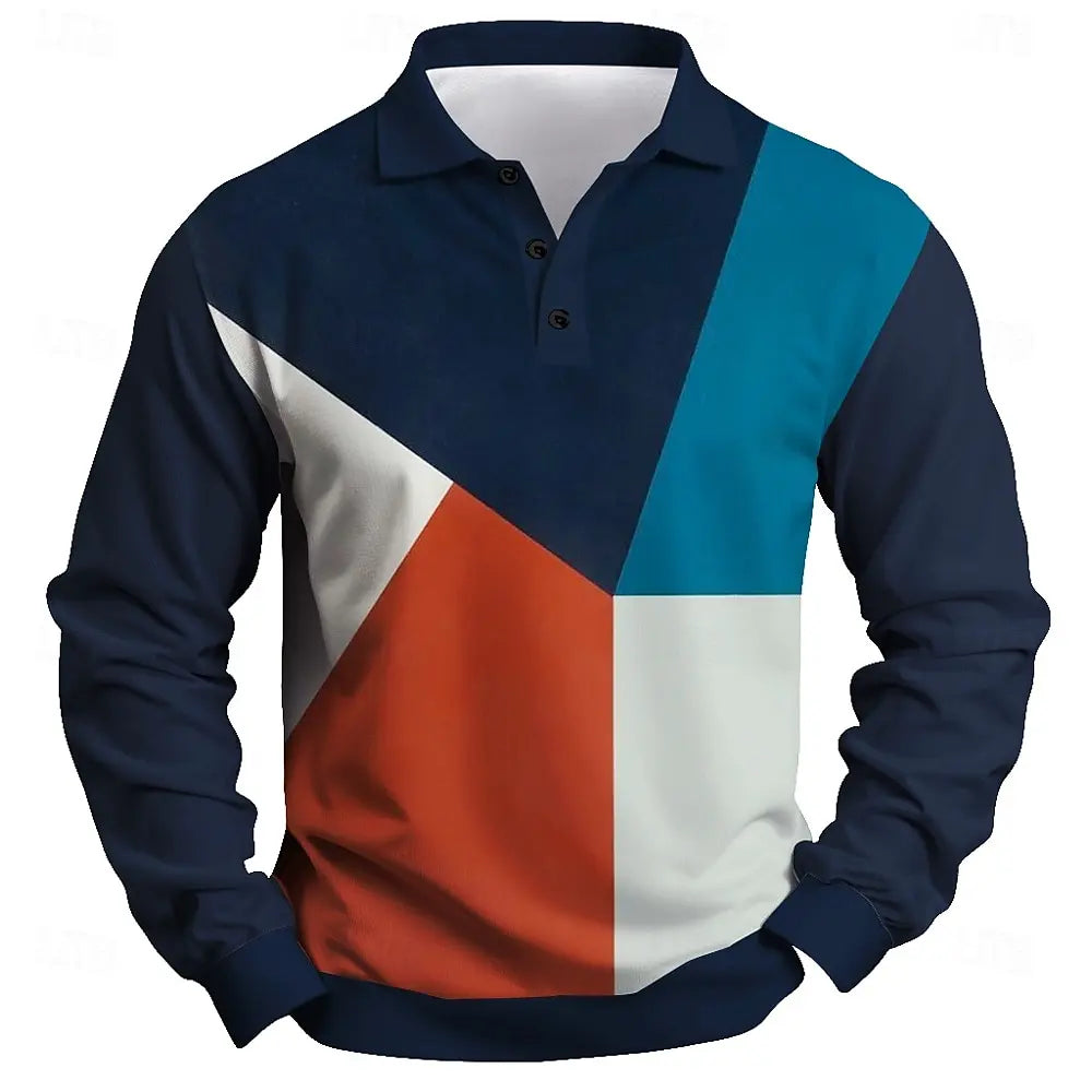Men Color Block Long Sleeve Polo Shirt