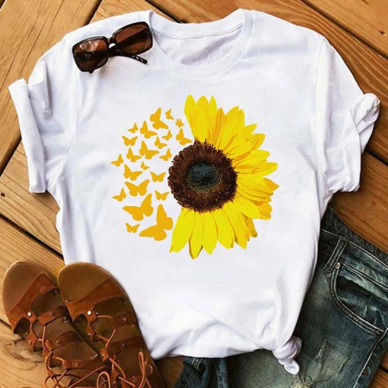 Women's Sunflower & Dragonfly Print T-Shirt - Oversized Summer Top
