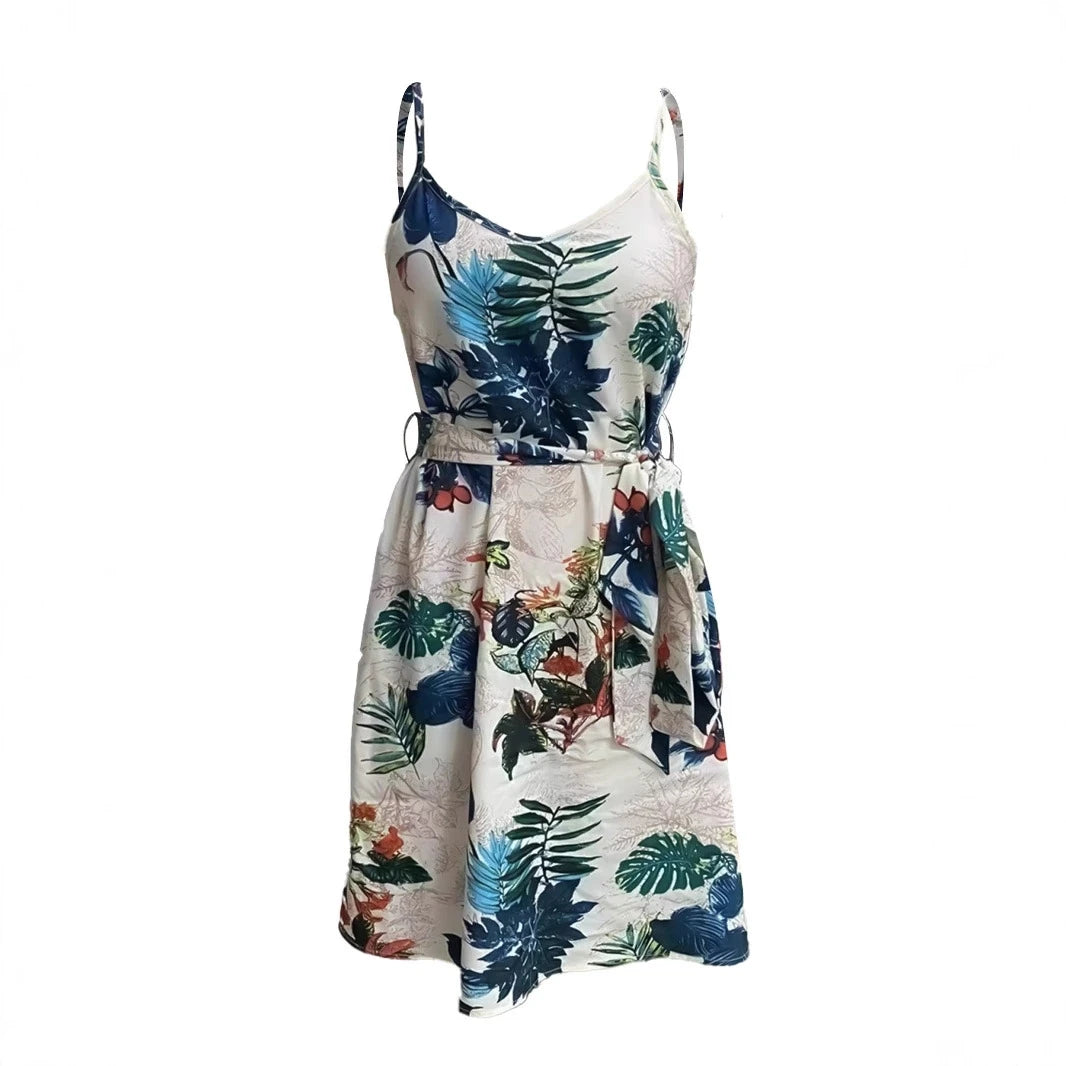 Women's Tropical Print Beach Dress - Backless Bridesmaid Dress with Belt