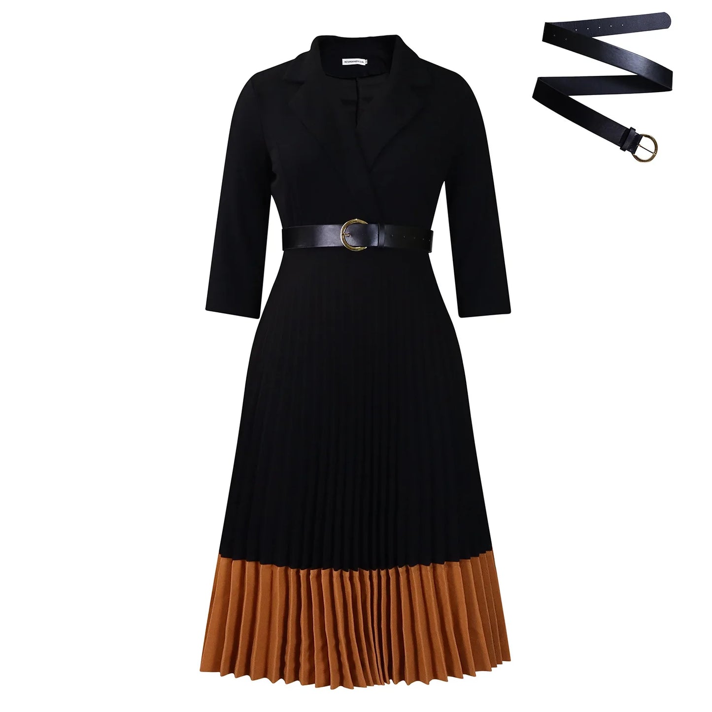 Women's Pleated Midi Dress - High Waist Belt Office Dress